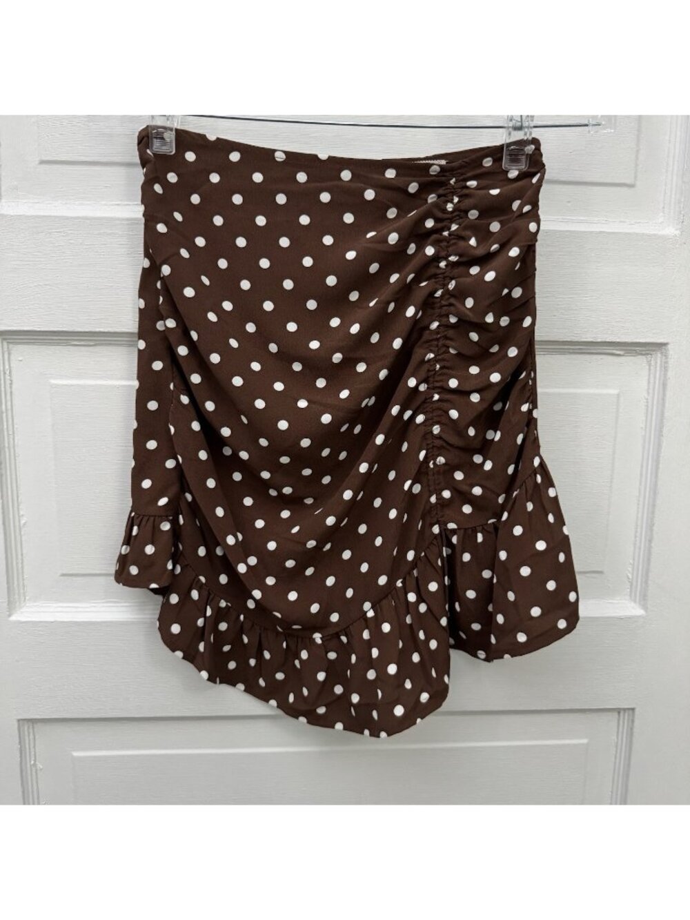 Mi Ami Women’s S Brown White Polka Dot Ruched Ruffle Mini Skirt Asymmetrical